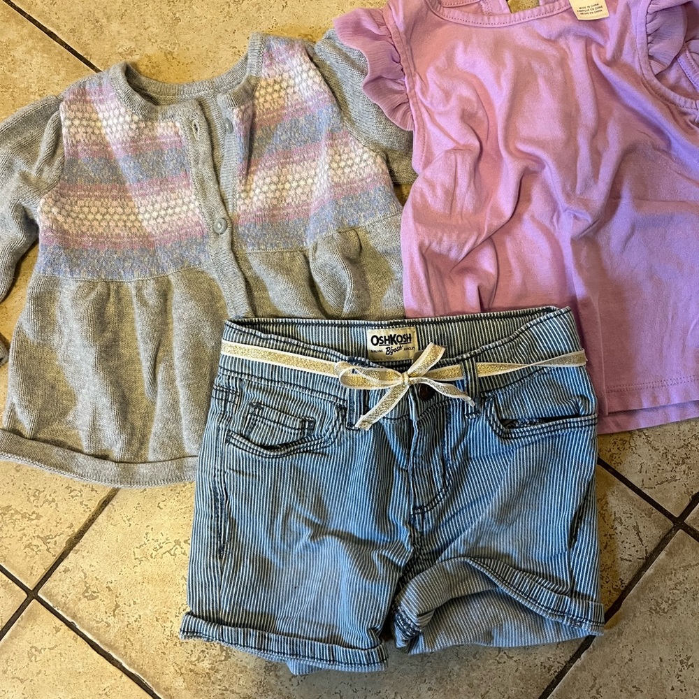OshKosh B'gosh Shorts, Gray and Blue Cardigan with purple flutter sleeve tshirt